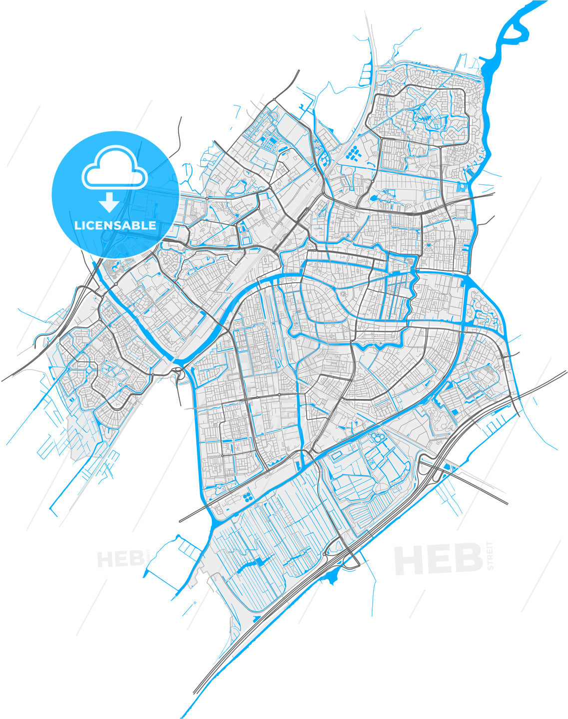 Leiden, South Holland, Netherlands, high quality vector map
