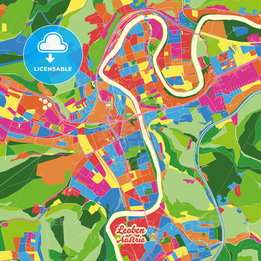Leoben, Austria Crazy Colorful Street Map Poster Template - HEBSTREITS Sketches