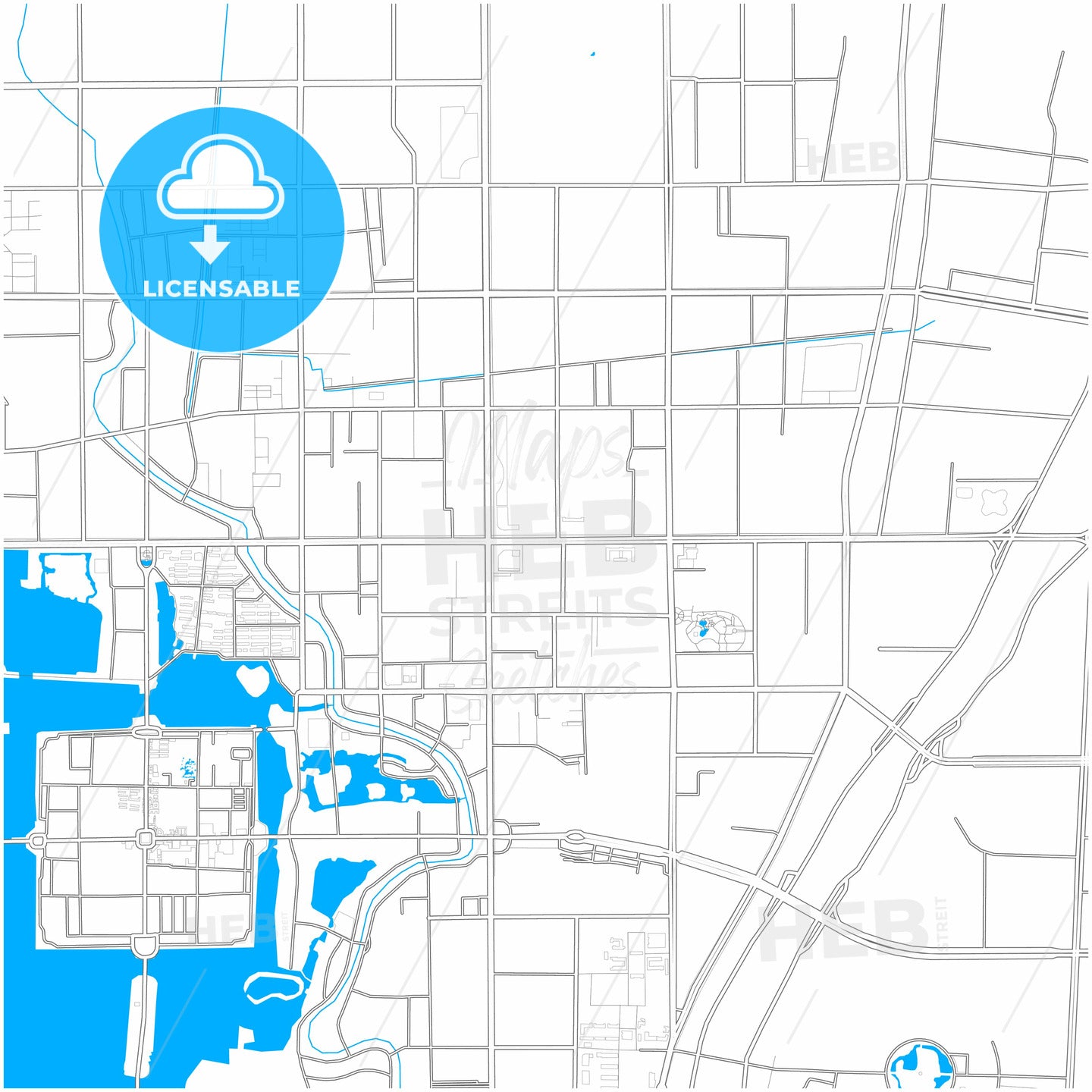 Liaocheng, Shandong, China, city map with high quality roads.