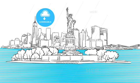 Liberty Statue with New York City Skyline Sketch – instant download