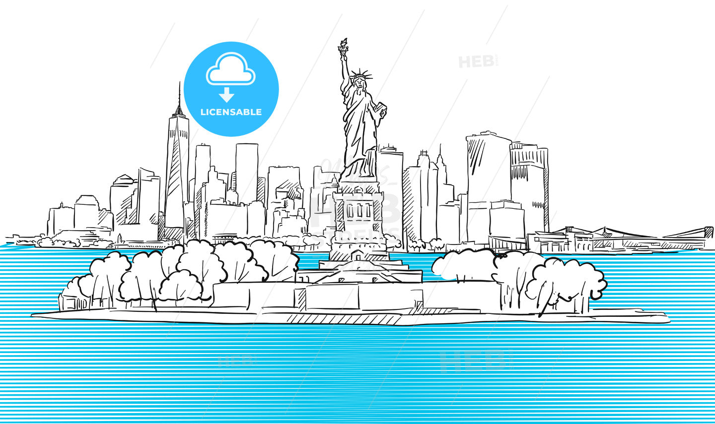 Liberty Statue with New York City Skyline Sketch – instant download