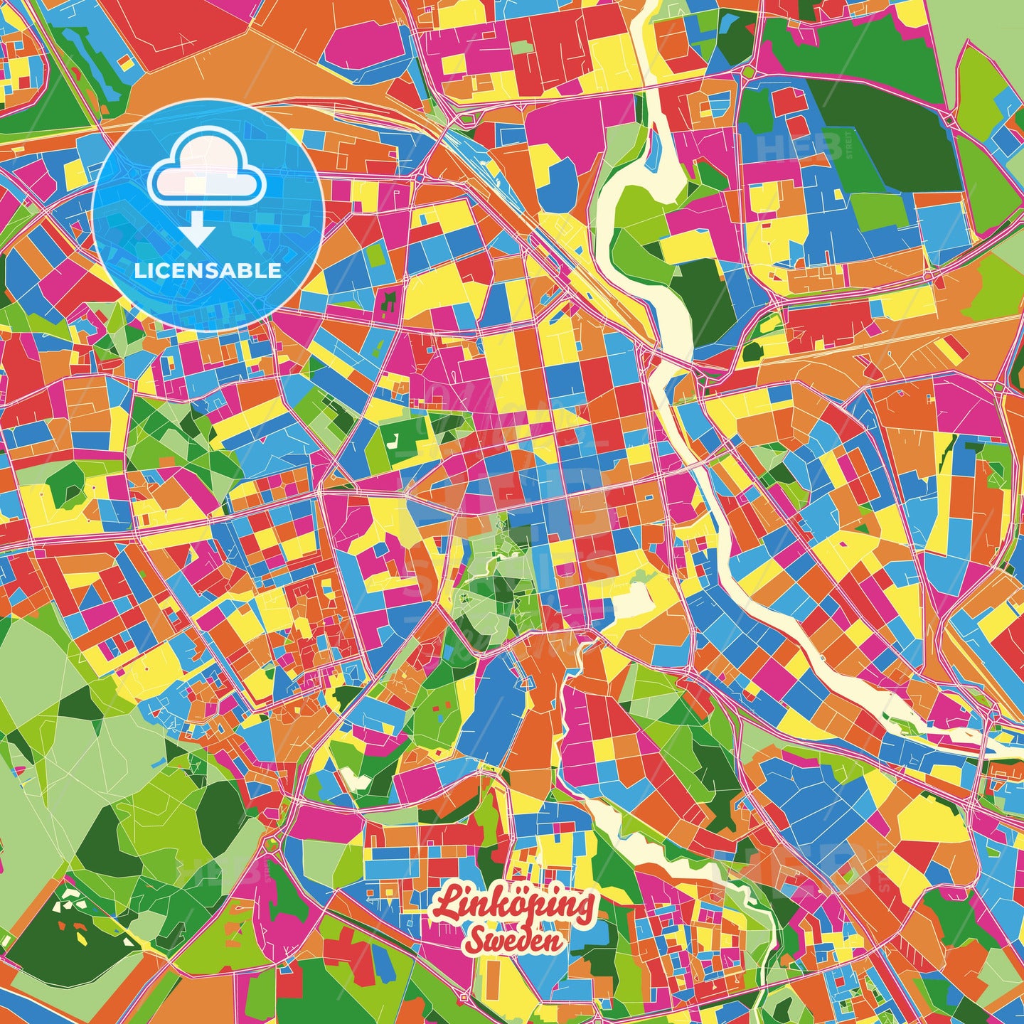 Linköping, Sweden Crazy Colorful Street Map Poster Template - HEBSTREITS Sketches