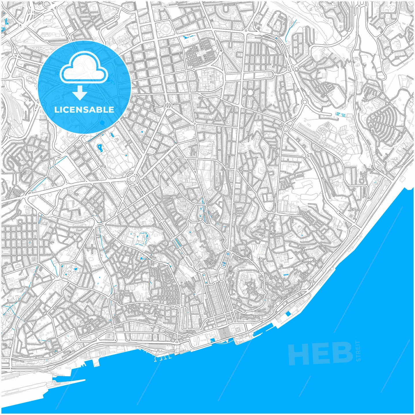 Lisbon, Lisbon, Portugal, city map with high quality roads.