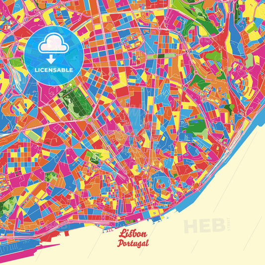 Lisbon, Portugal Crazy Colorful Street Map Poster Template - HEBSTREITS Sketches