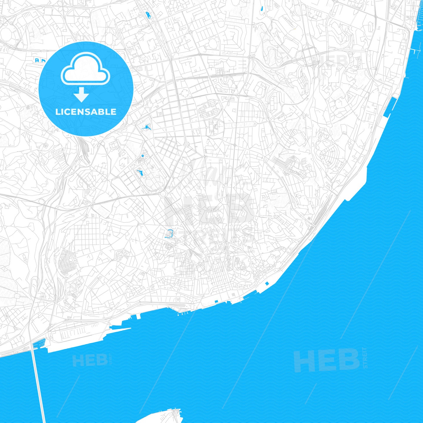 Lisbon, Portugal PDF vector map with water in focus