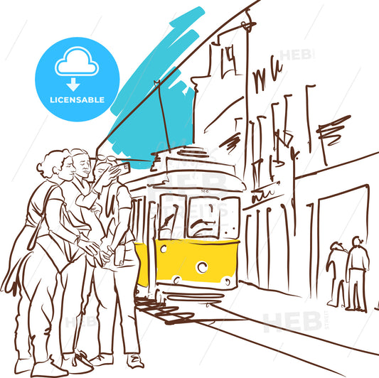 Lisbon Tram Drawing With Tourists