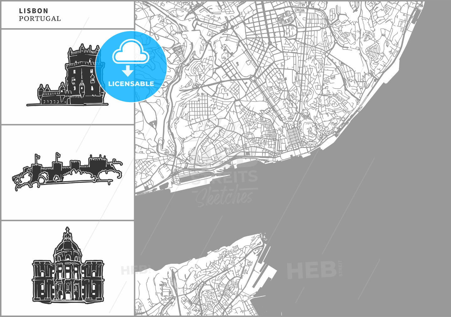Lisbon city map with hand-drawn architecture icons