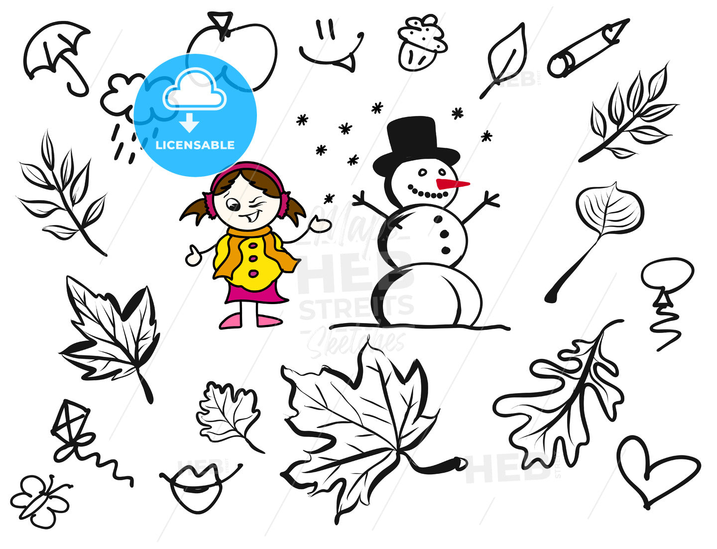 Little Comic Girl and Snowman with various sketched Leaves – instant download