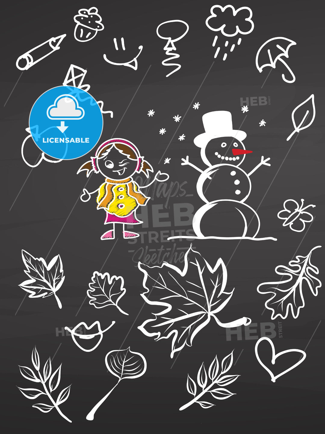 Little Girl and Snowman with doodles on chalkboard – instant download