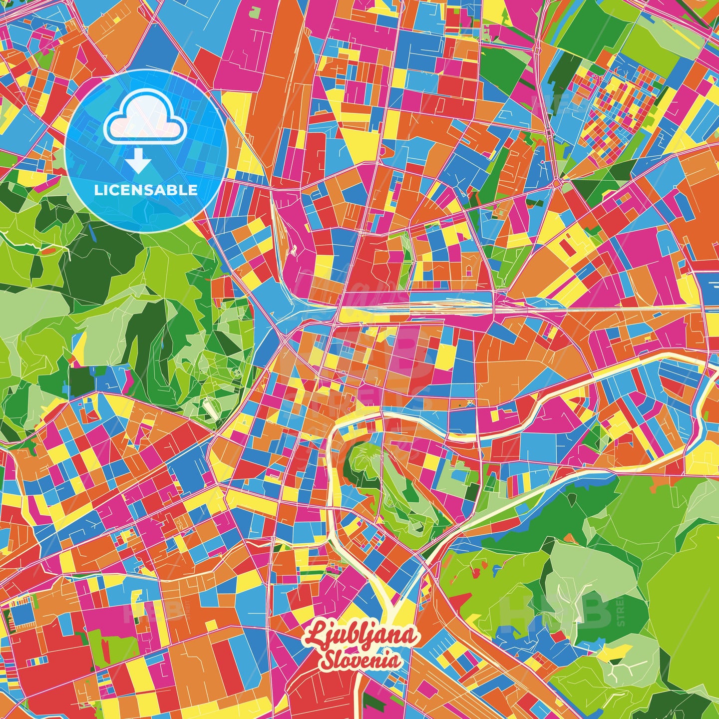 Ljubljana, Slovenia Crazy Colorful Street Map Poster Template - HEBSTREITS Sketches