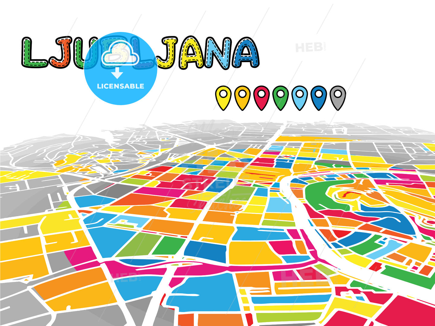 Ljubljana, Slovenia, downtown map in perspective