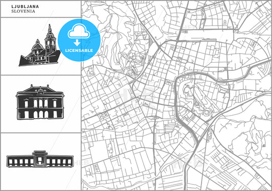 Ljubljana city map with hand-drawn architecture icons