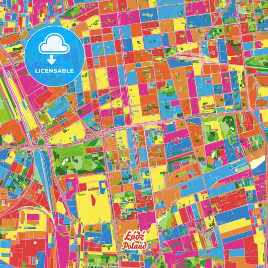 Łódź, Poland Crazy Colorful Street Map Poster Template - HEBSTREITS Sketches