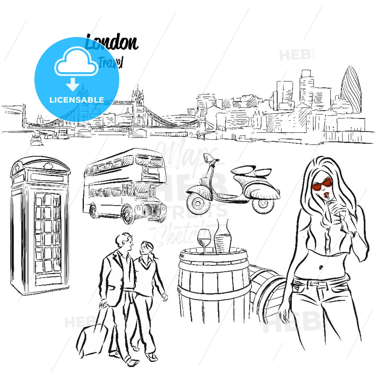 London Panorama and Travel Icons Sketches, – instant download