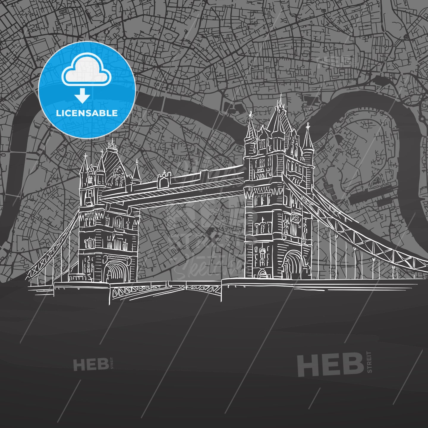 London map and Tower bridge on chalkboard – instant download