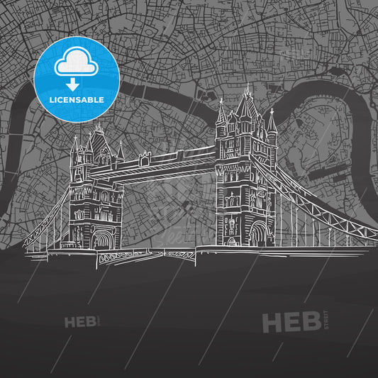 London map and Tower bridge on chalkboard – instant download