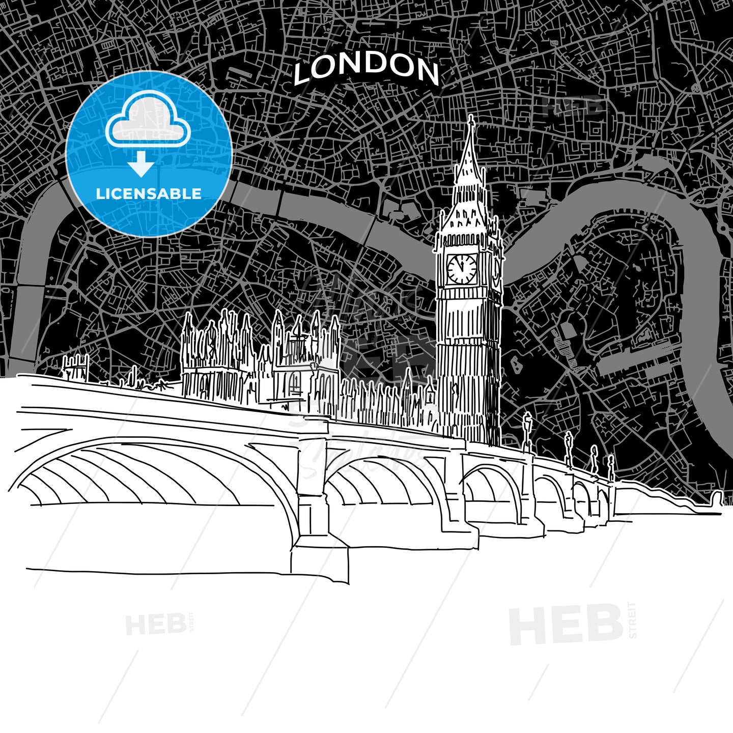 London skyline with map