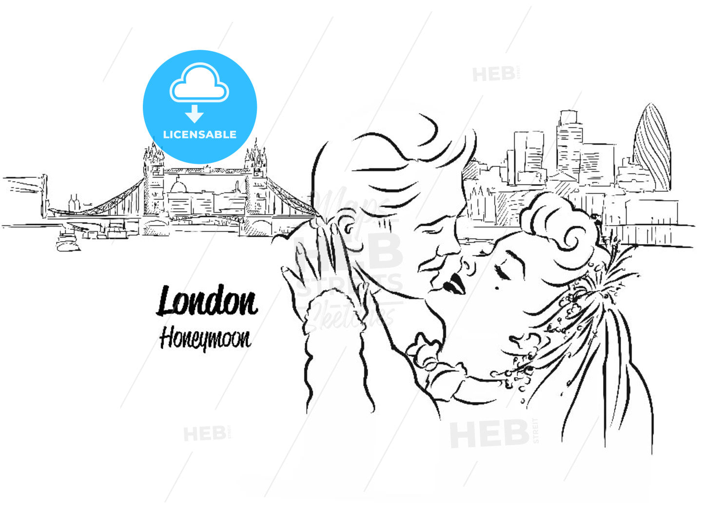 Lonodn Skyline Panorama with Honeymoon Couple in Foreground, – instant download