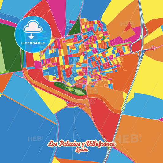 Los Palacios y Villafranca, Spain Crazy Colorful Street Map Poster Template - HEBSTREITS Sketches