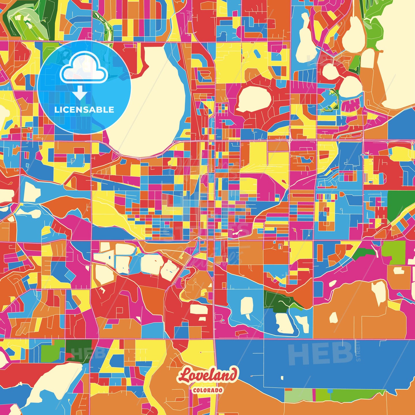 Loveland, United States Crazy Colorful Street Map Poster Template - HEBSTREITS Sketches