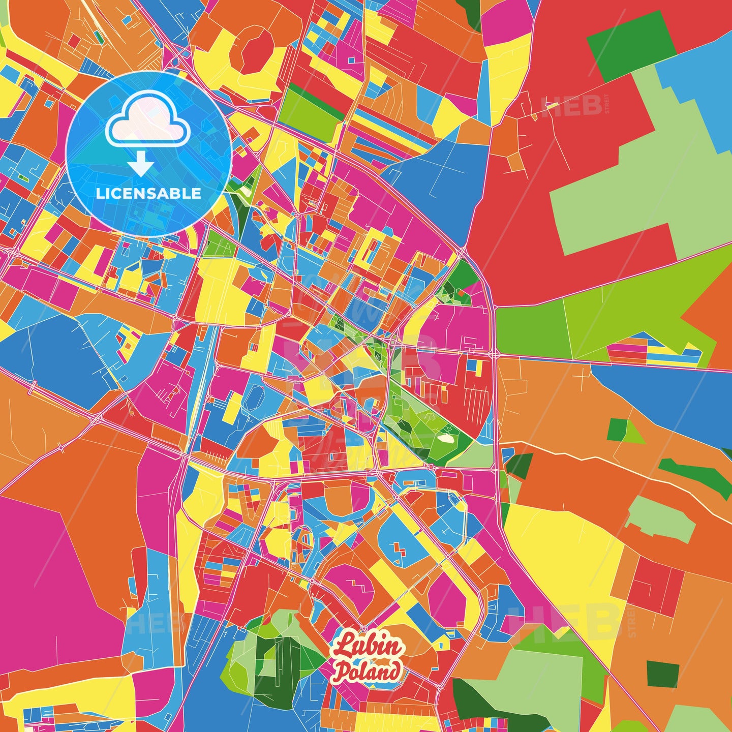 Lubin, Poland Crazy Colorful Street Map Poster Template - HEBSTREITS Sketches