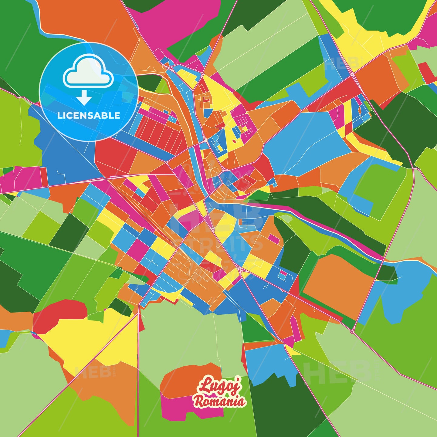 Lugoj, Romania Crazy Colorful Street Map Poster Template - HEBSTREITS Sketches