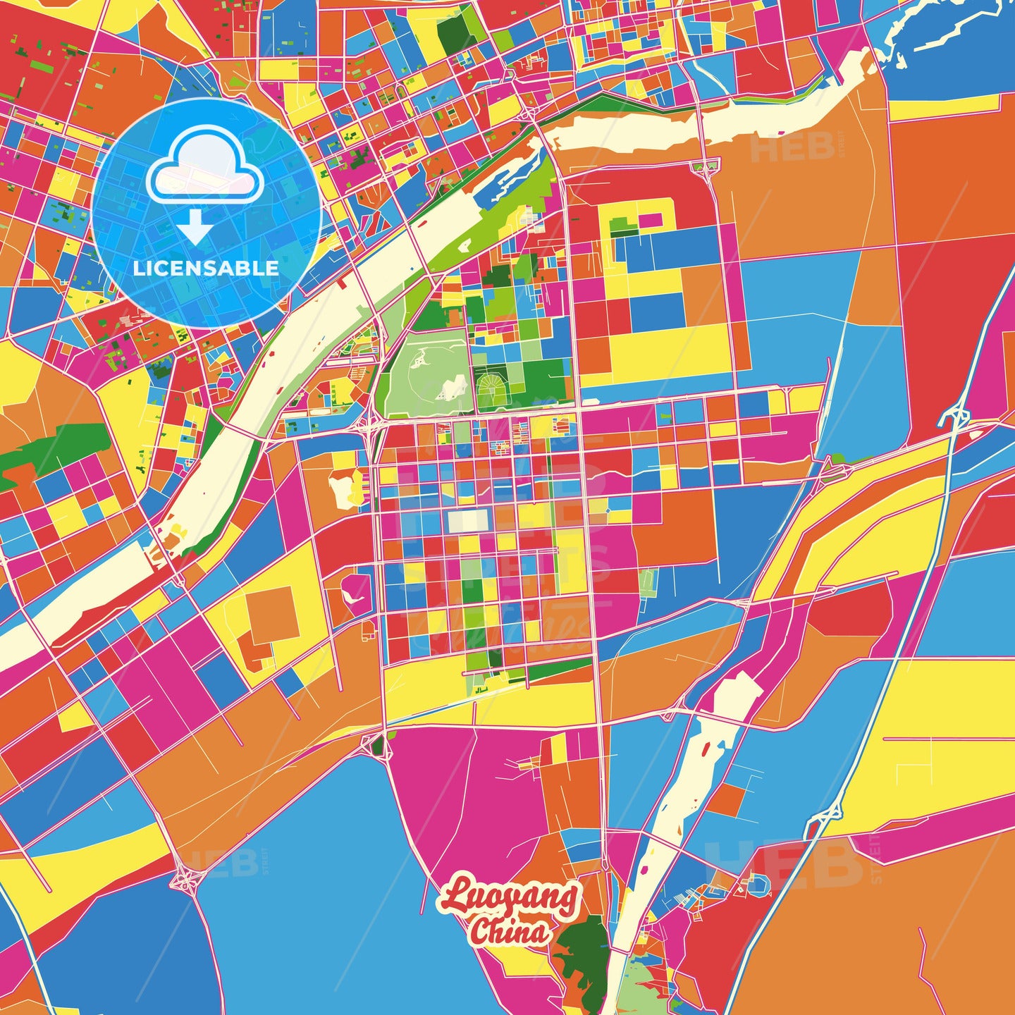 Luoyang, China Crazy Colorful Street Map Poster Template - HEBSTREITS Sketches