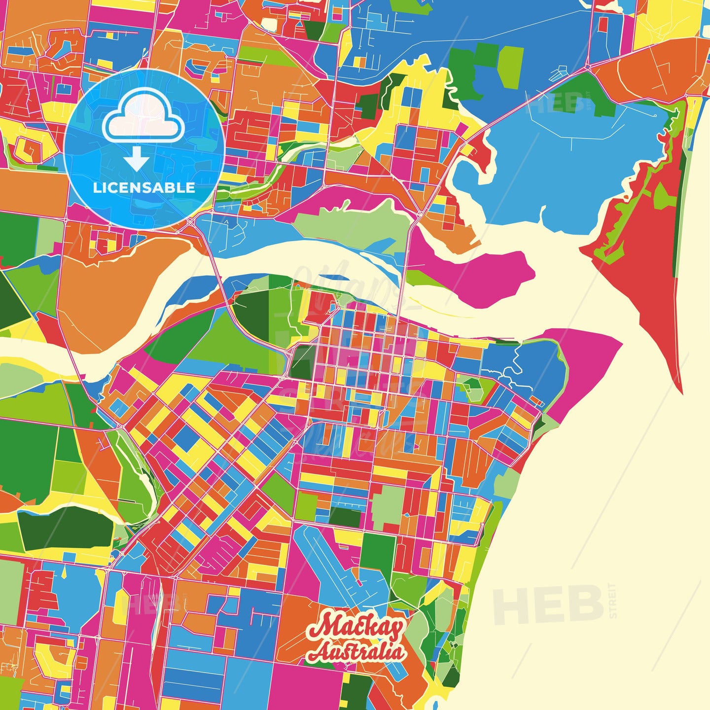 Mackay, Australia Crazy Colorful Street Map Poster Template - HEBSTREITS Sketches