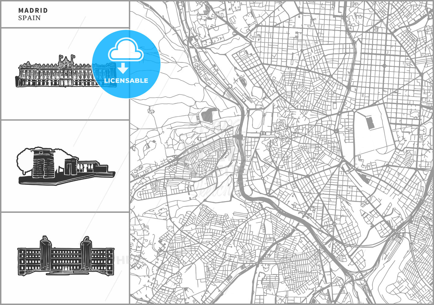 Madrid city map with hand-drawn architecture icons