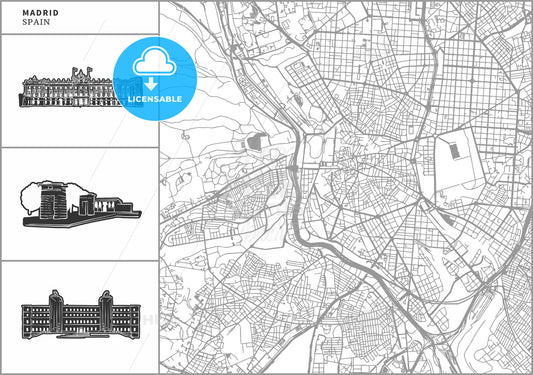 Madrid city map with hand-drawn architecture icons
