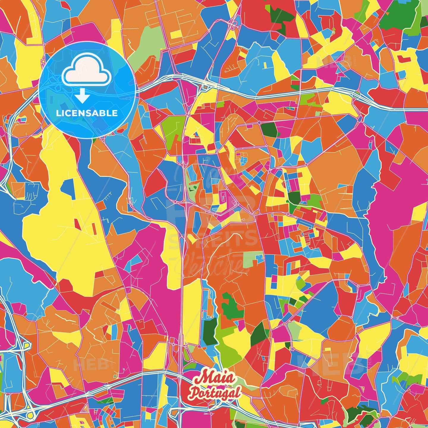 Maia, Portugal Crazy Colorful Street Map Poster Template - HEBSTREITS Sketches