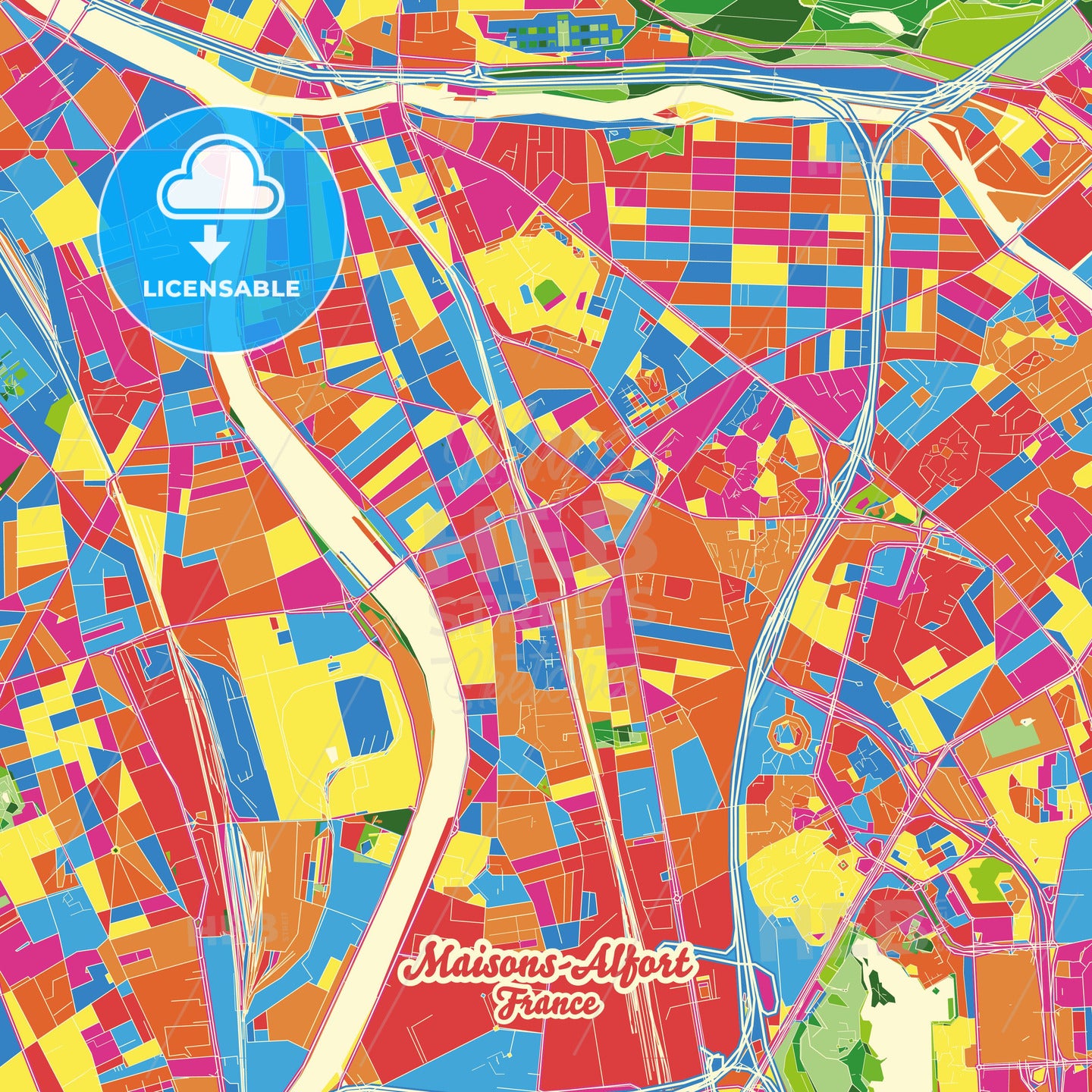 Maisons-Alfort, France Crazy Colorful Street Map Poster Template - HEBSTREITS Sketches