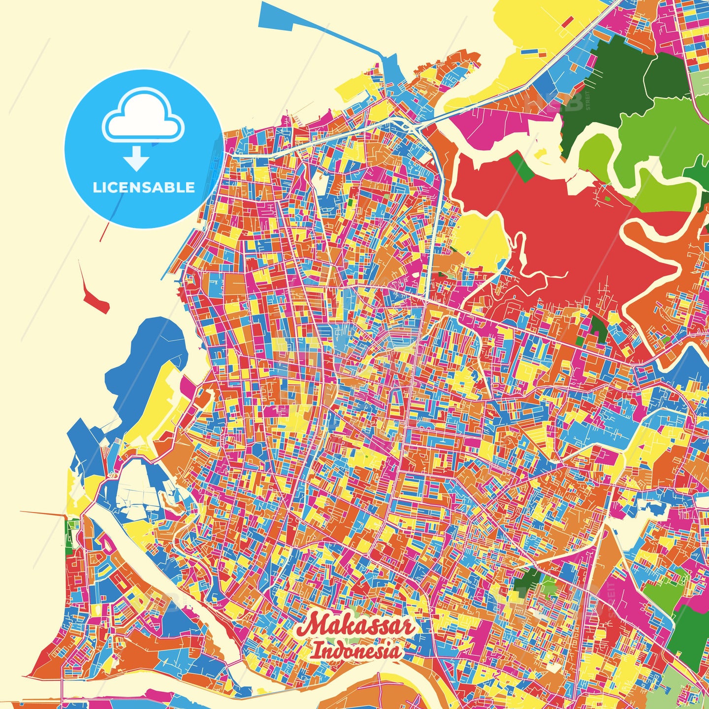 Makassar, Indonesia Crazy Colorful Street Map Poster Template - HEBSTREITS Sketches