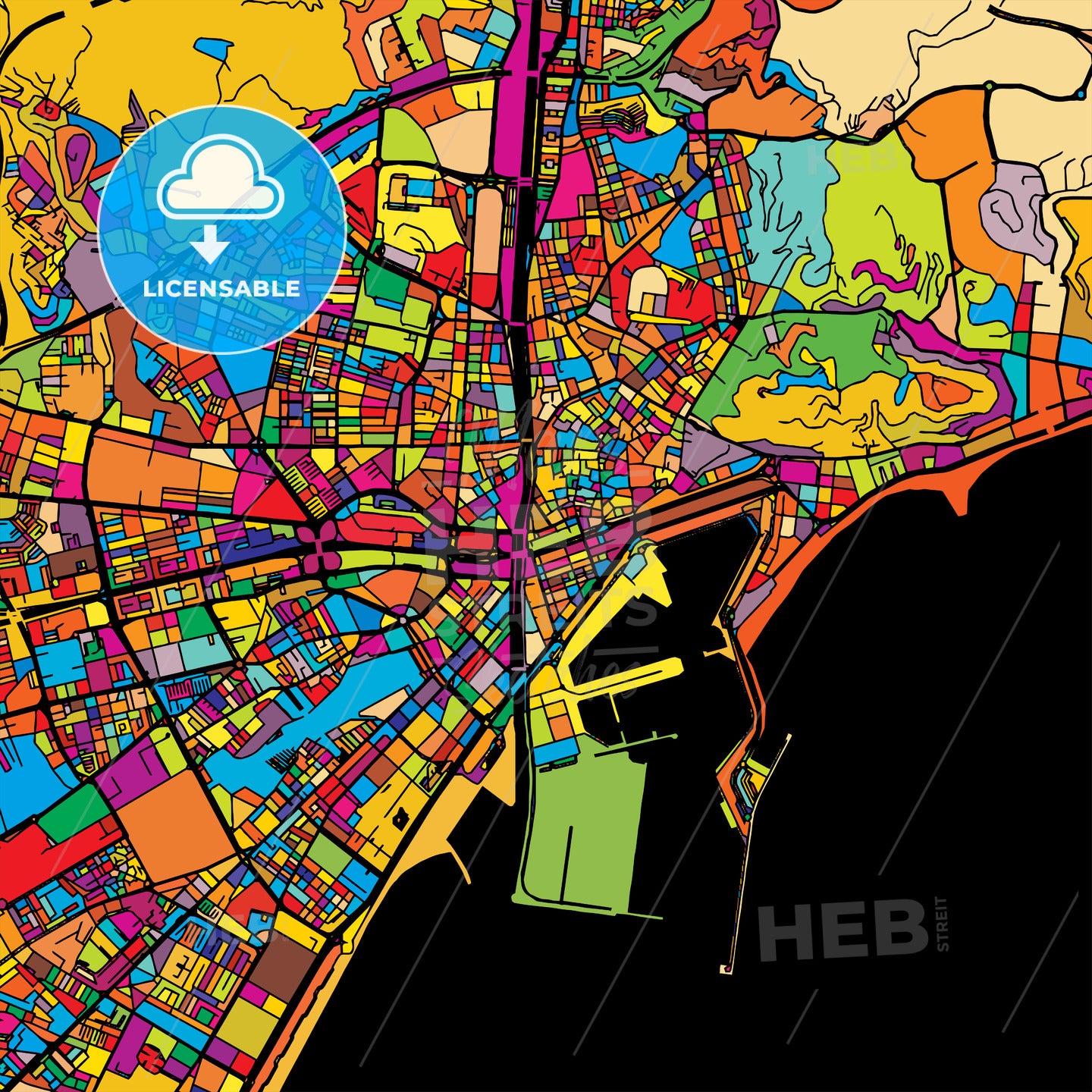 Malaga Colorful Vector Map on Black