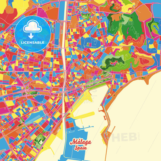 Málaga, Spain Crazy Colorful Street Map Poster Template - HEBSTREITS Sketches