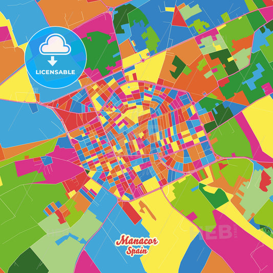 Manacor, Spain Crazy Colorful Street Map Poster Template - HEBSTREITS Sketches