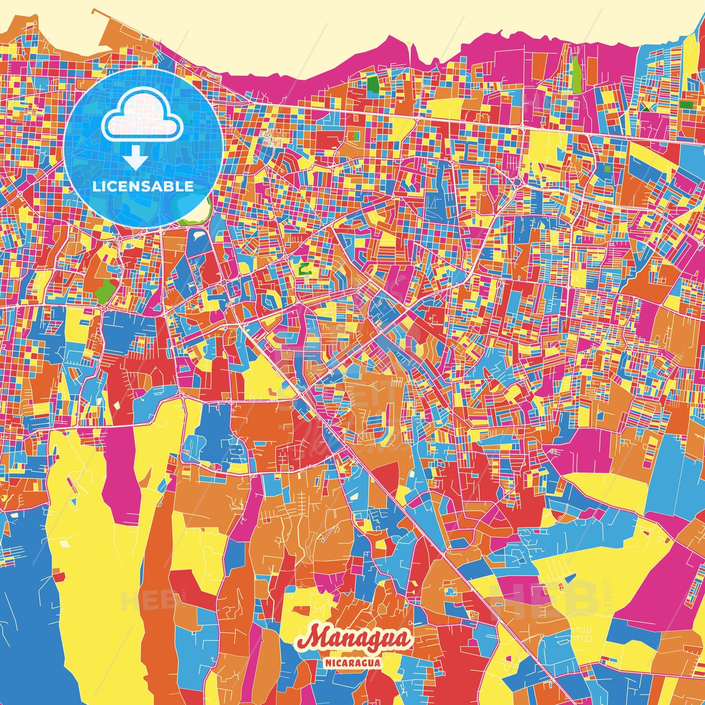 Managua, Nicaragua Crazy Colorful Street Map Poster Template - HEBSTREITS Sketches