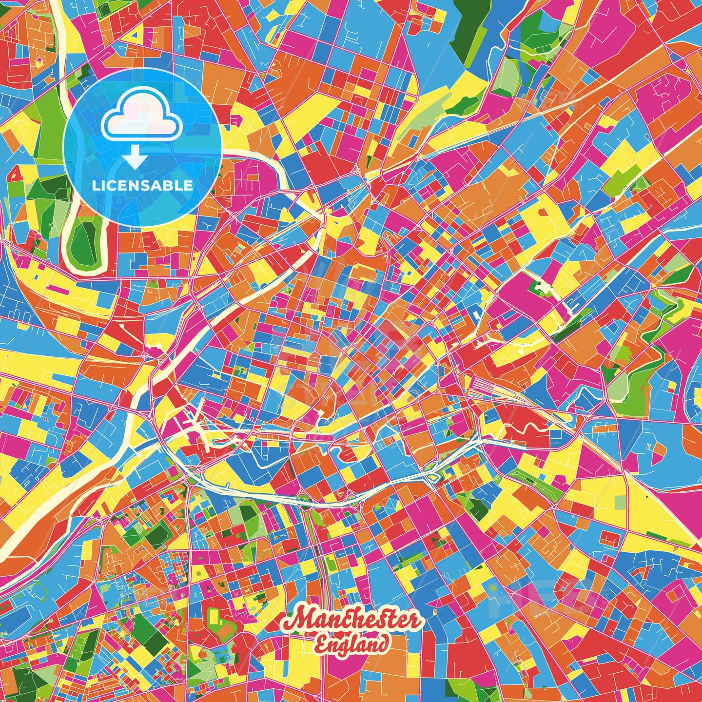 Manchester, England Crazy Colorful Street Map Poster Template - HEBSTREITS Sketches