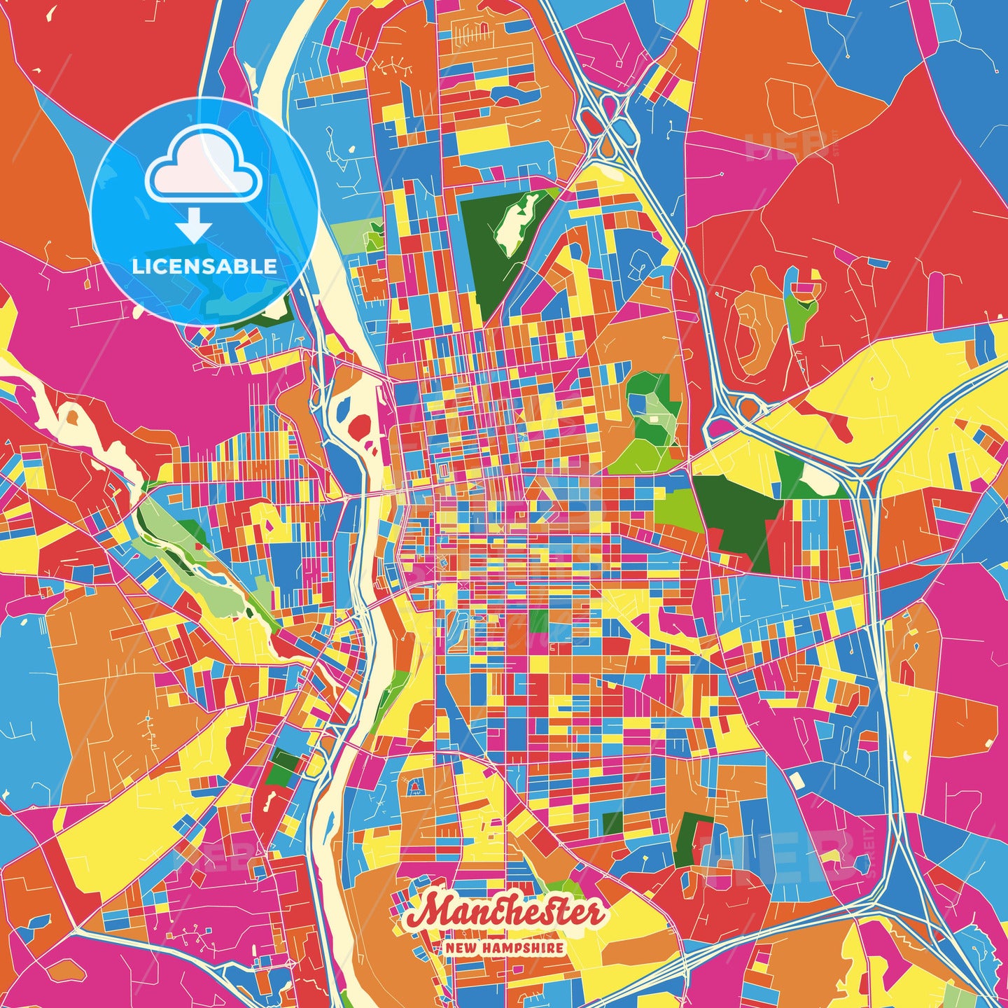 Manchester, United States Crazy Colorful Street Map Poster Template - HEBSTREITS Sketches