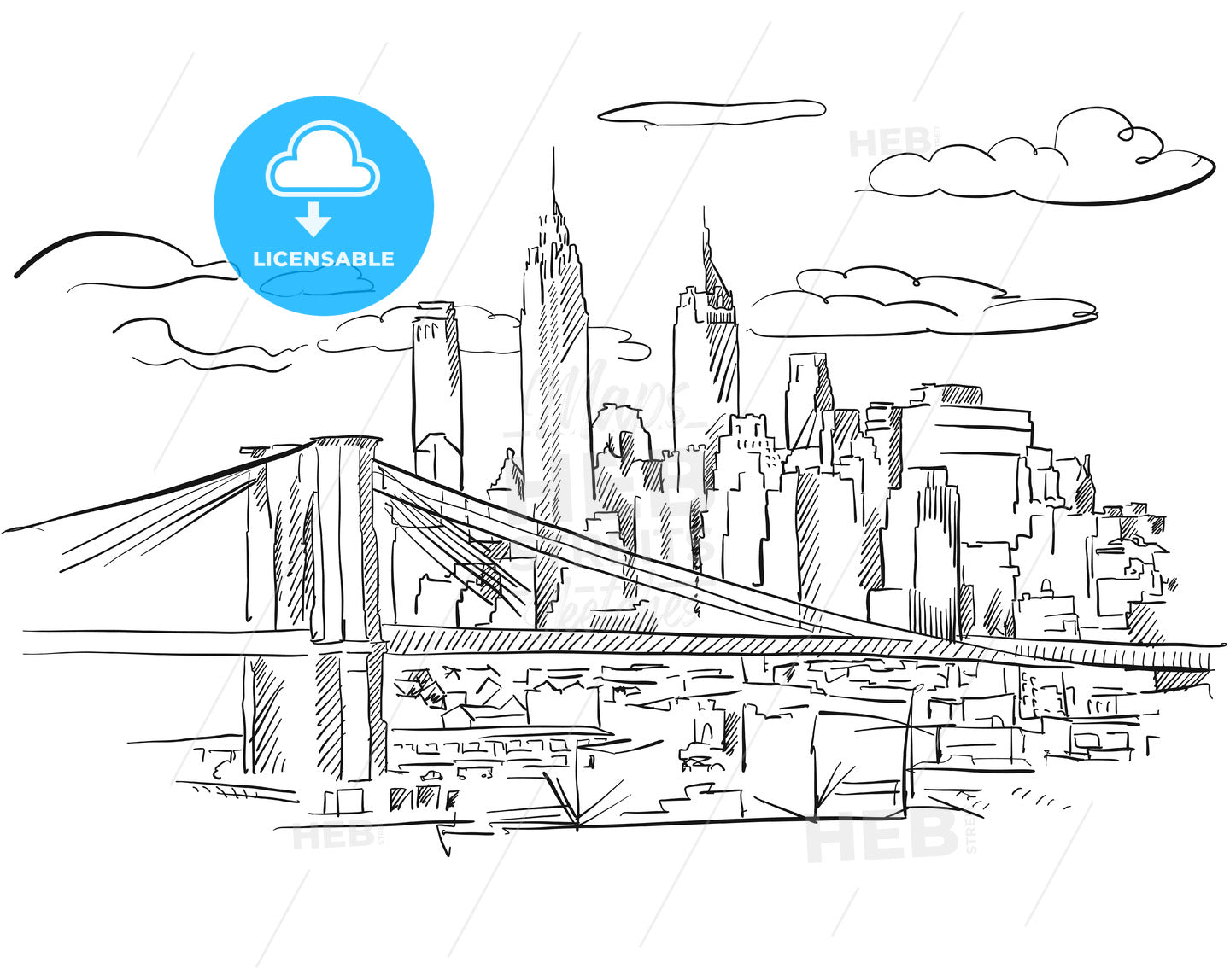 Manhattan and Brooklyn Bridge detailed Sketch – instant download