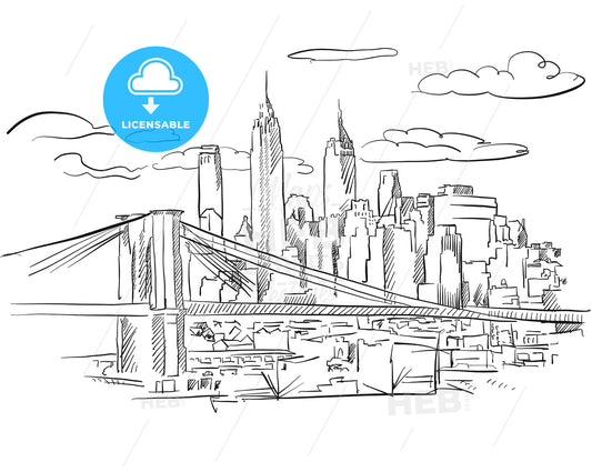 Manhattan and Brooklyn Bridge detailed Sketch – instant download