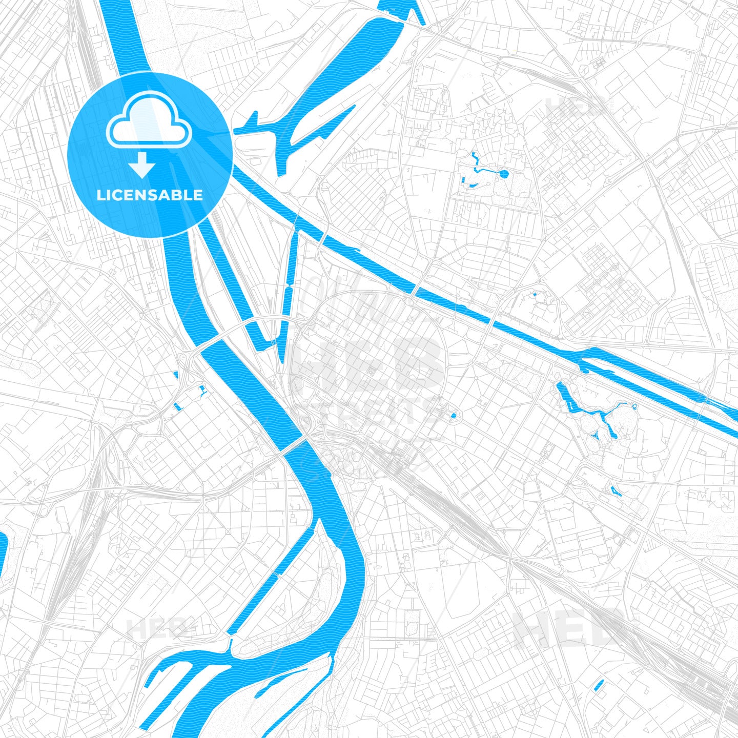 Mannheim, Germany PDF vector map with water in focus