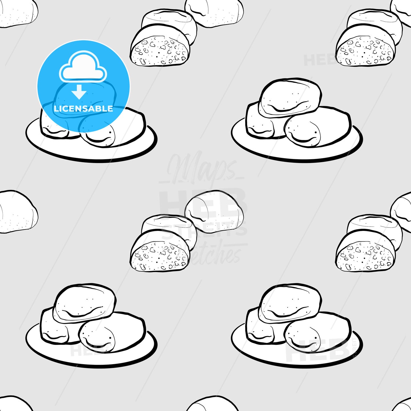 Mantou seamless pattern greyscale drawing – instant download