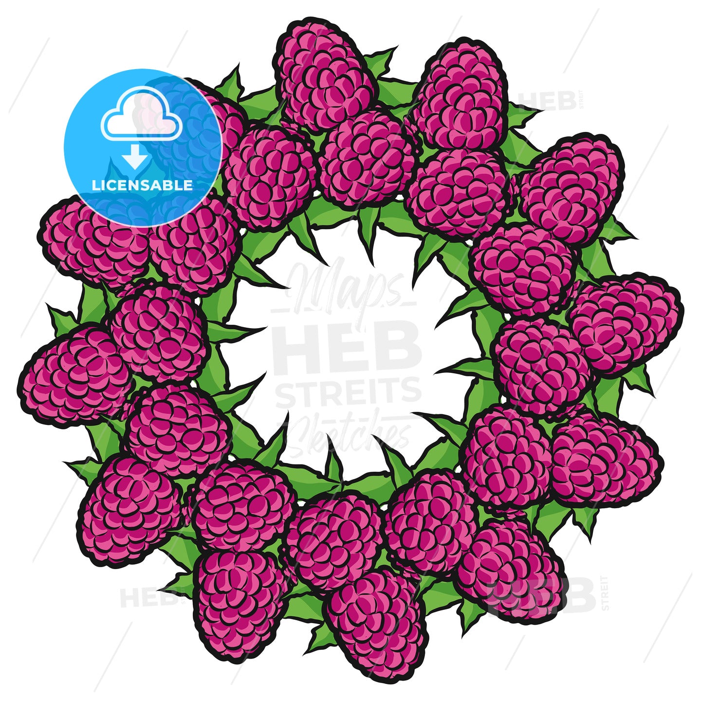 Many raspberries arranged in a circle on white – instant download