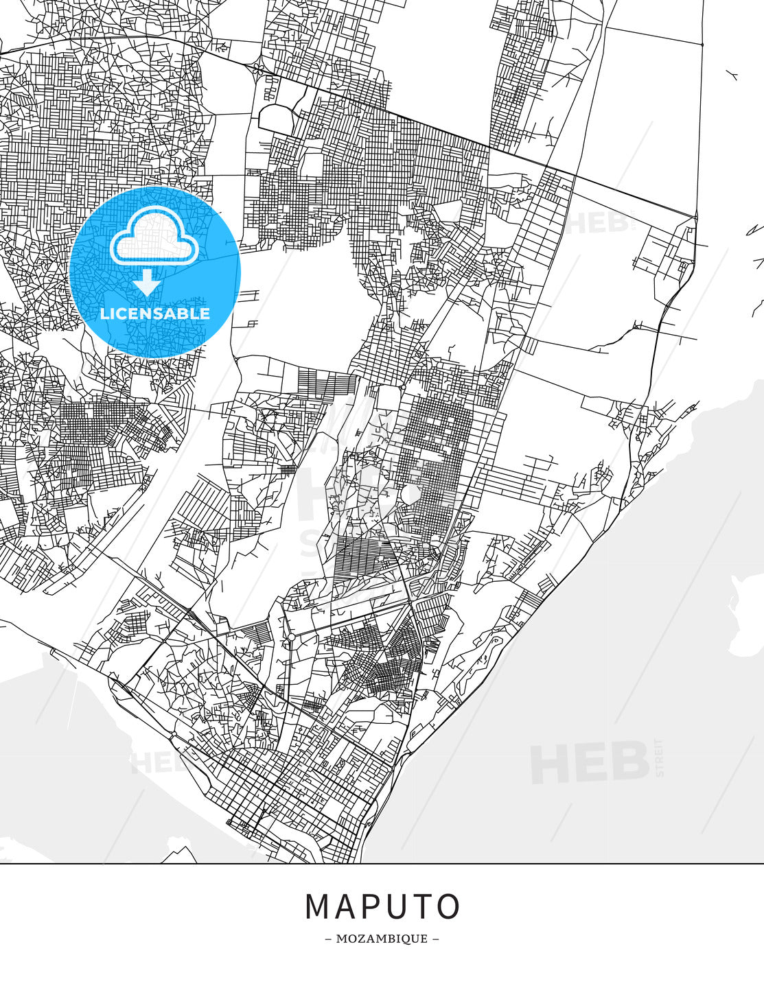 Maputo, Mozambique, Map poster borderless print template - HEBSTREITS