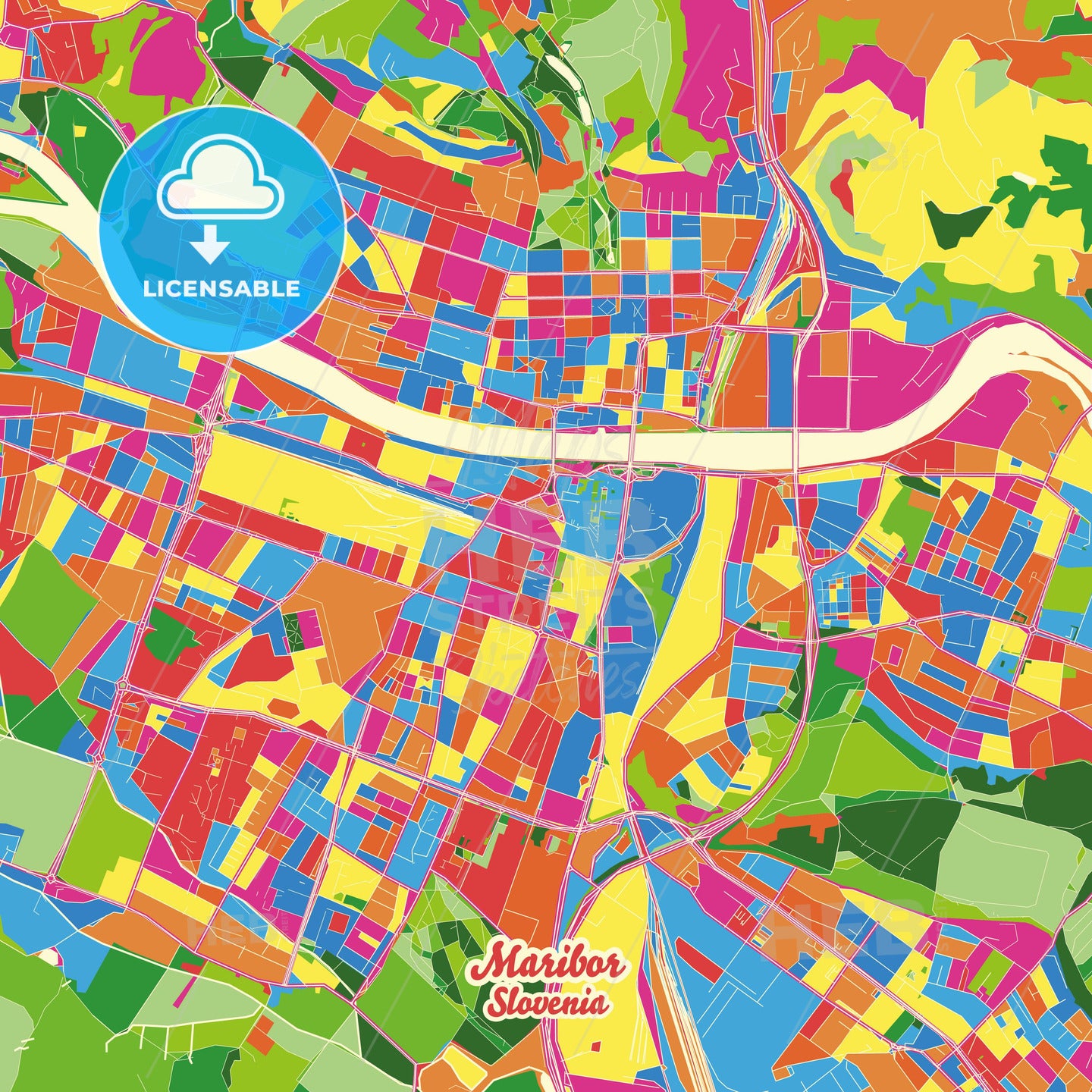 Maribor, Slovenia Crazy Colorful Street Map Poster Template - HEBSTREITS Sketches