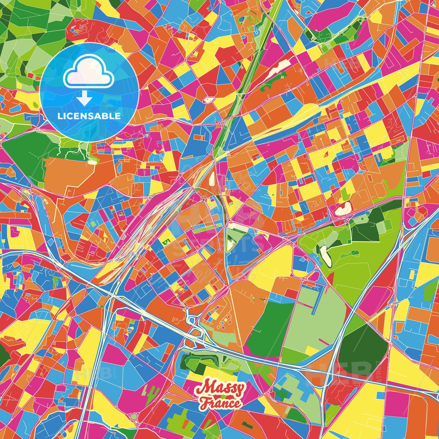 Massy, France Crazy Colorful Street Map Poster Template - HEBSTREITS Sketches