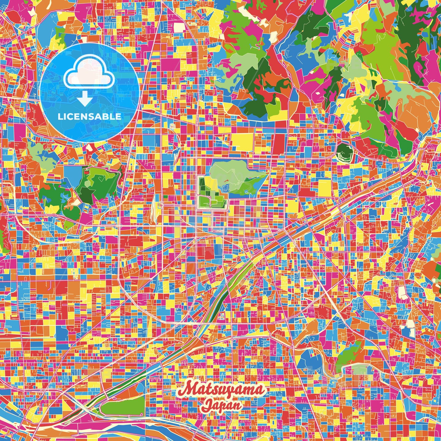 Matsuyama, Japan Crazy Colorful Street Map Poster Template - HEBSTREITS Sketches
