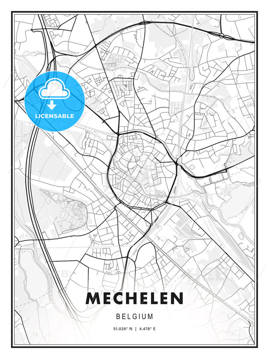 Mechelen, Belgium, Modern Print Template in Various Formats - HEBSTREITS Sketches