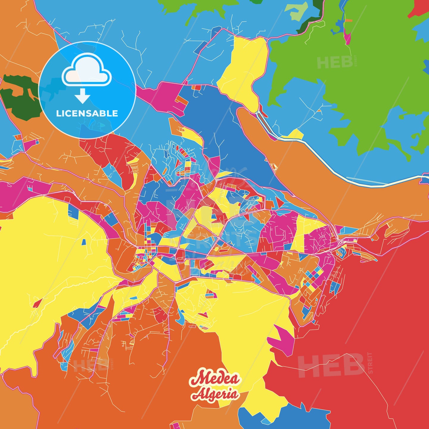 Medea, Algeria Crazy Colorful Street Map Poster Template - HEBSTREITS Sketches